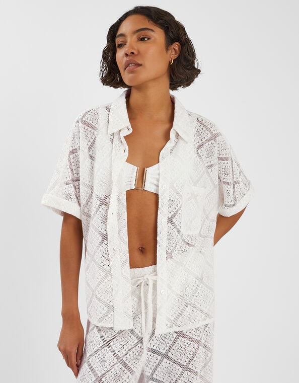Short Sleeve Lace Shirt, Ivory (IVORY), large