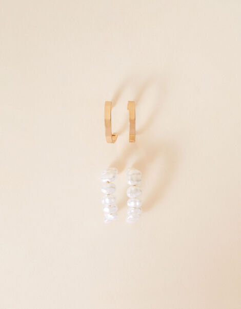 Pearl Hoop Earrings Set of Two, , large