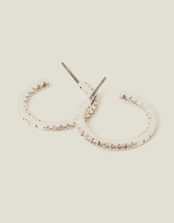 Sterling Silver-Plated Sparkle Front and Back Hoops, , large