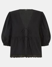 Puff Sleeve Tie Front Blouse, Black (BLACK), large