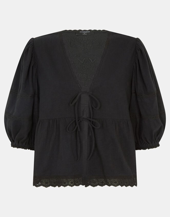 Puff Sleeve Tie Front Blouse, Black (BLACK), large