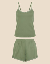 Lace Trim Ribbed Vest Pyjama Set, Green (KHAKI), large