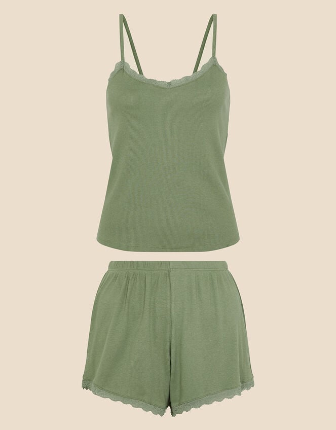 Lace Trim Ribbed Vest Pyjama Set, Green (KHAKI), large
