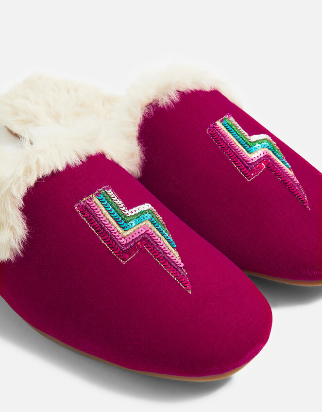 Embellished Lightning Bolt Velvet Slippers, Pink (FUCHSIA), large