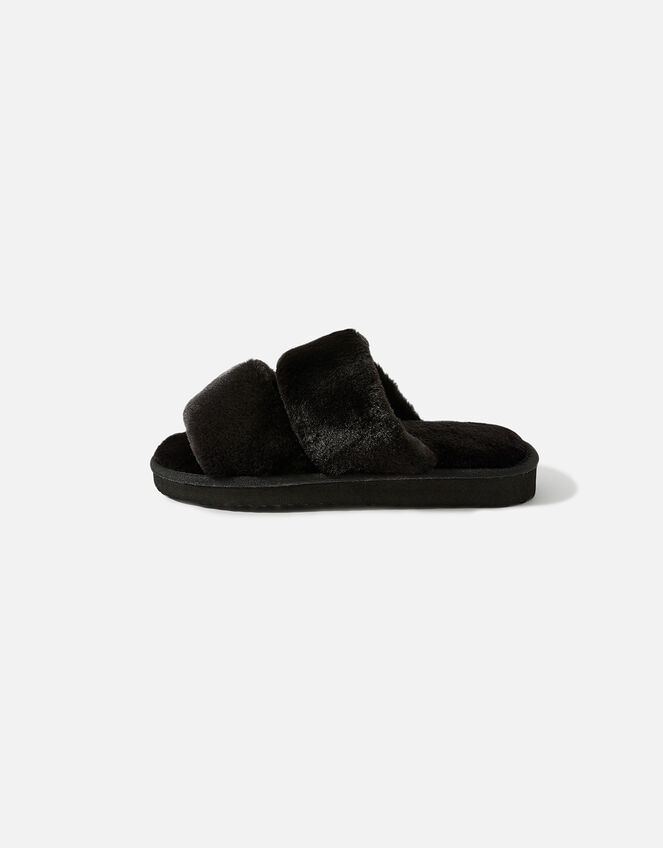 Platform Faux Fur Double Band Sliders, Black (BLACK), large