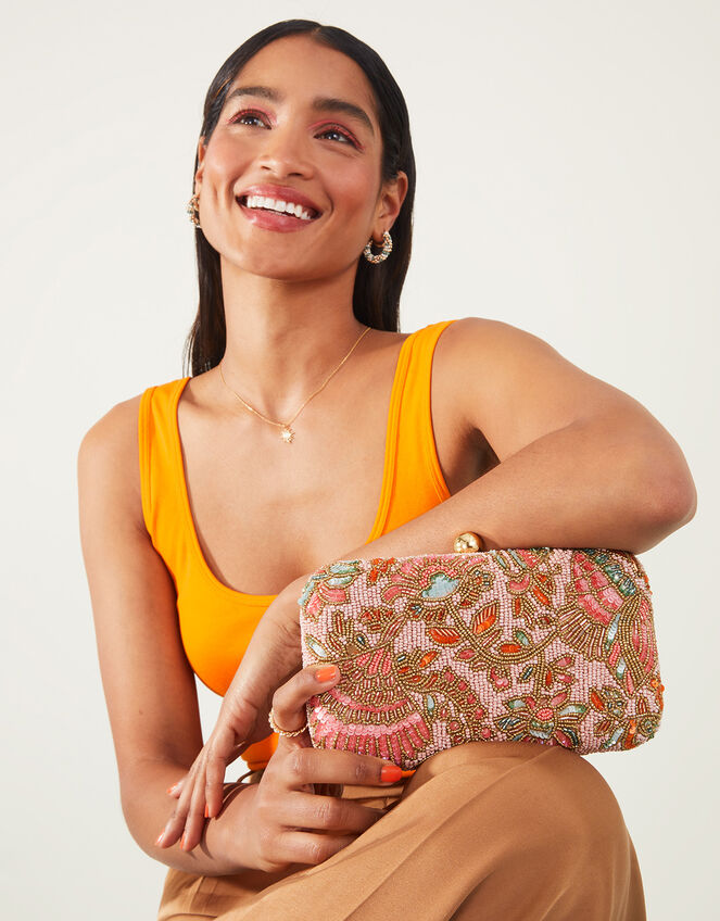 Beaded Floral Hardcase Clutch Bag, , large