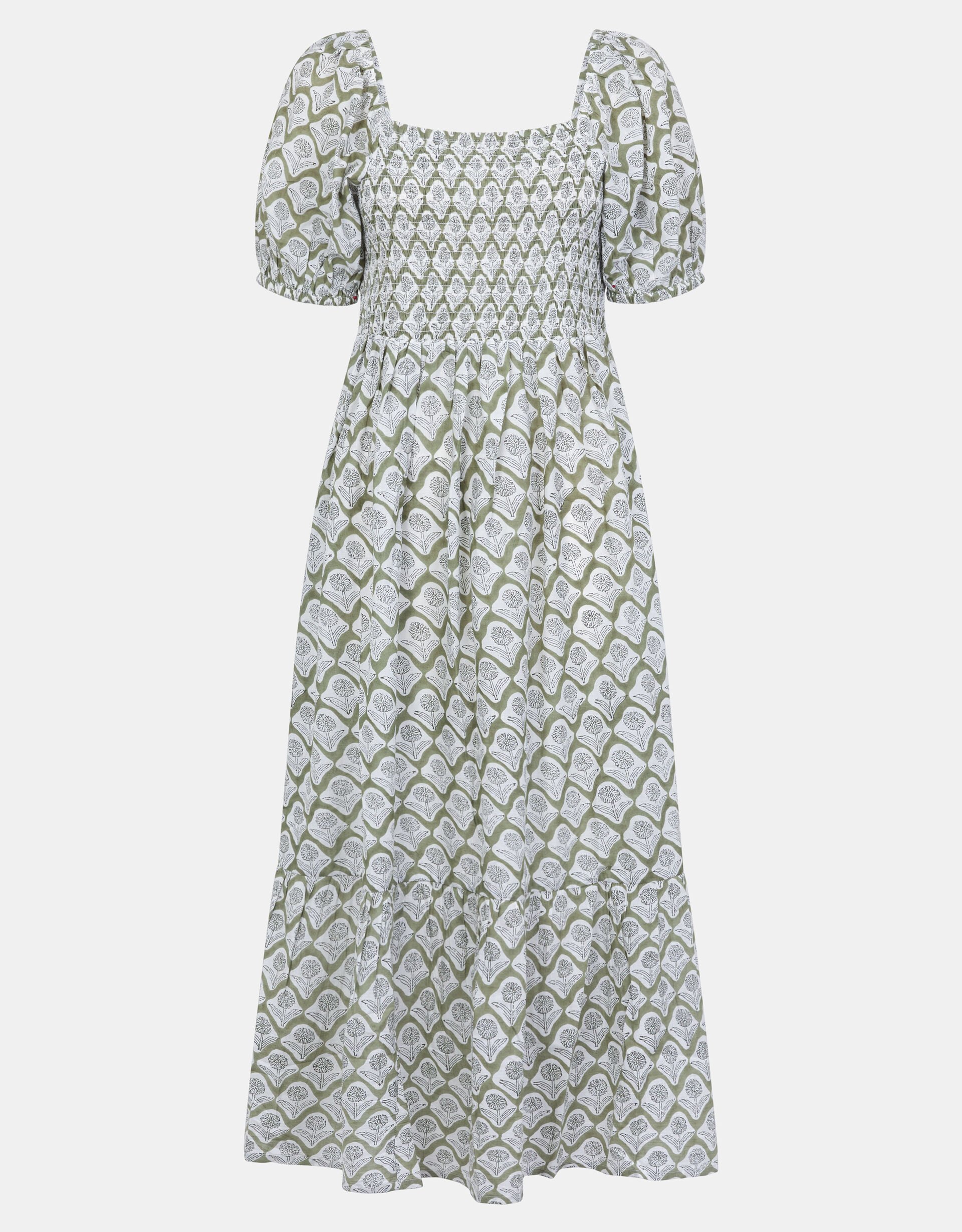 Floral Print Puff Sleeve Maxi Dress, Green (KHAKI), large