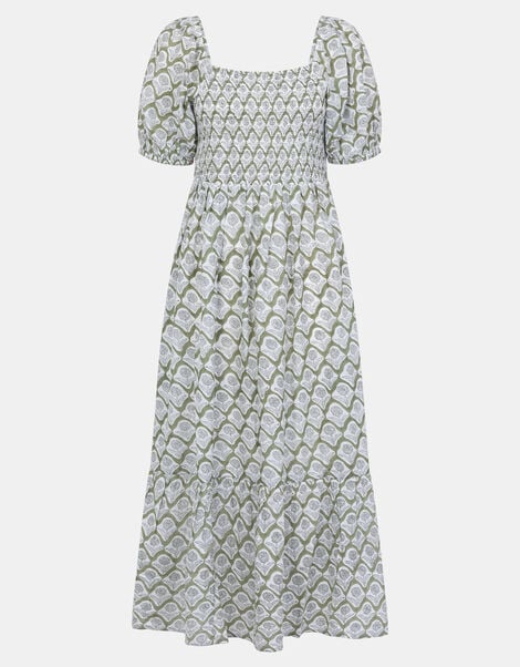 Floral Print Puff Sleeve Maxi Dress, Green (KHAKI), large