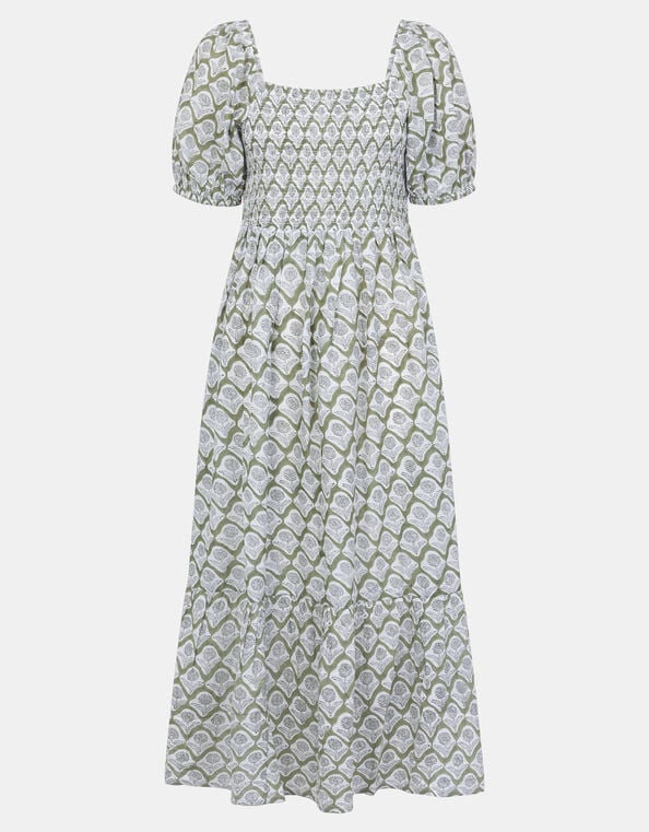 Floral Print Puff Sleeve Maxi Dress, Green (KHAKI), large