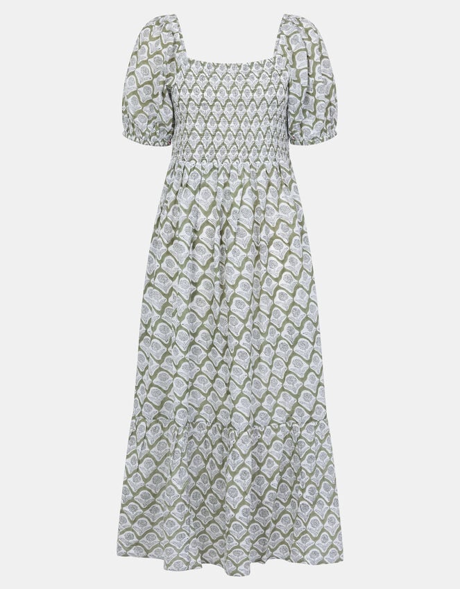 Floral Print Puff Sleeve Maxi Dress, Green (KHAKI), large