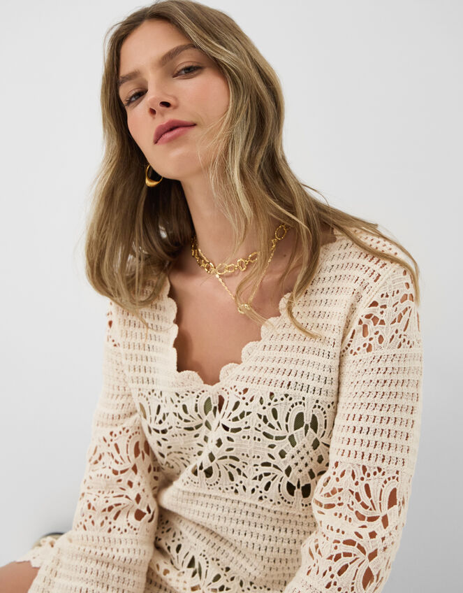 Crochet Long Sleeve Cover Up, Natural (NATURAL), large