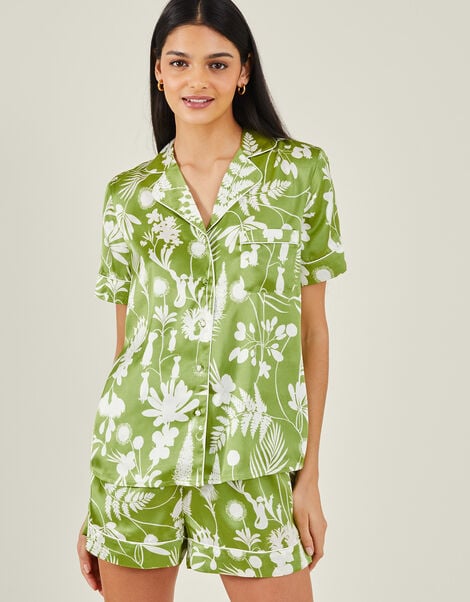 Floral Satin Pyjama Set, Green (OLIVE), large