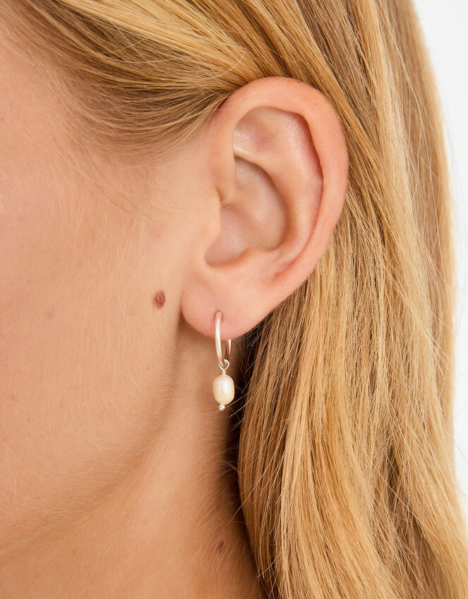 Sterling Silver Pearl Hoop Earrings, , large