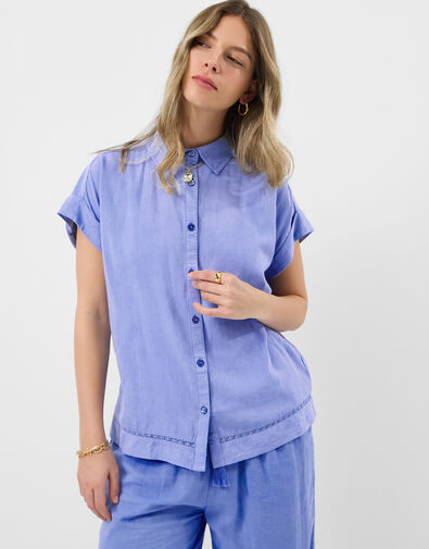 Lace Trim Linen Blend Shirt , Blue (LIGHT BLUE), large