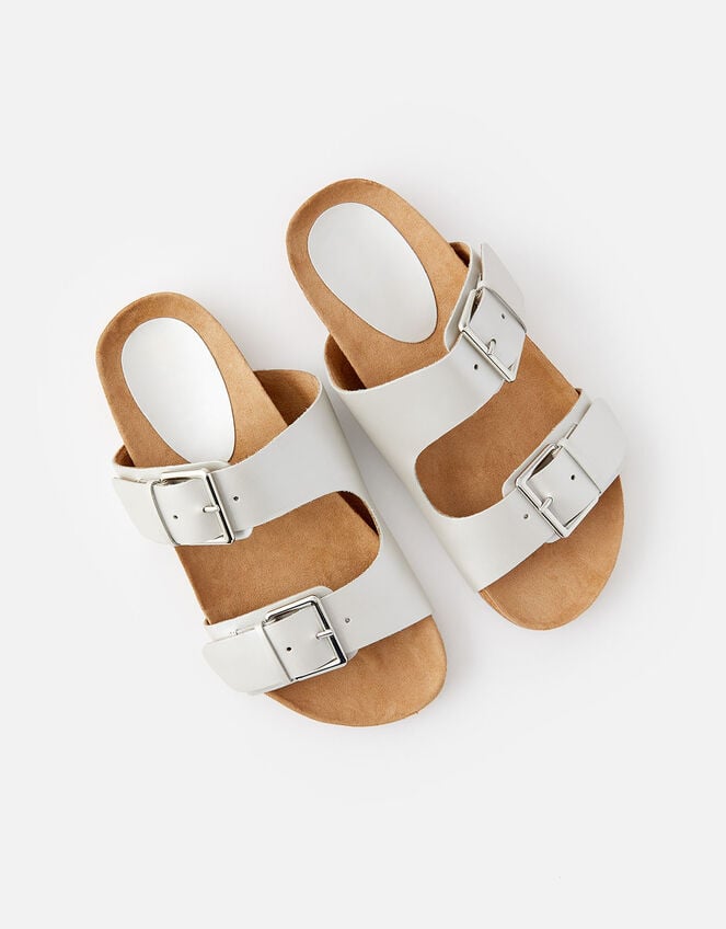 Buckle Footbed Leather Sandals , Silver (SILVER), large