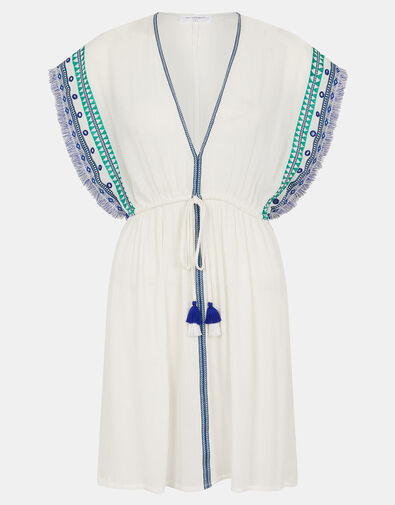 Embroidered Fringe Mini Kaftan, White (WHITE), large