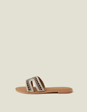 Beaded Cut-Out Slide Sandals Black White, Black (BLACK WHITE), large