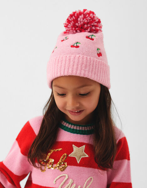 Girls Cherry Bobble Hat, Pink (PINK), large