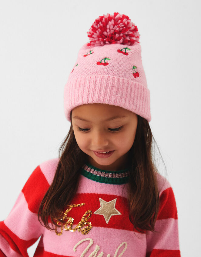 Girls Cherry Bobble Hat, Pink (PINK), large