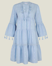 Flute Sleeve Tassel Tiered Mini Dress, Blue (BLUE), large