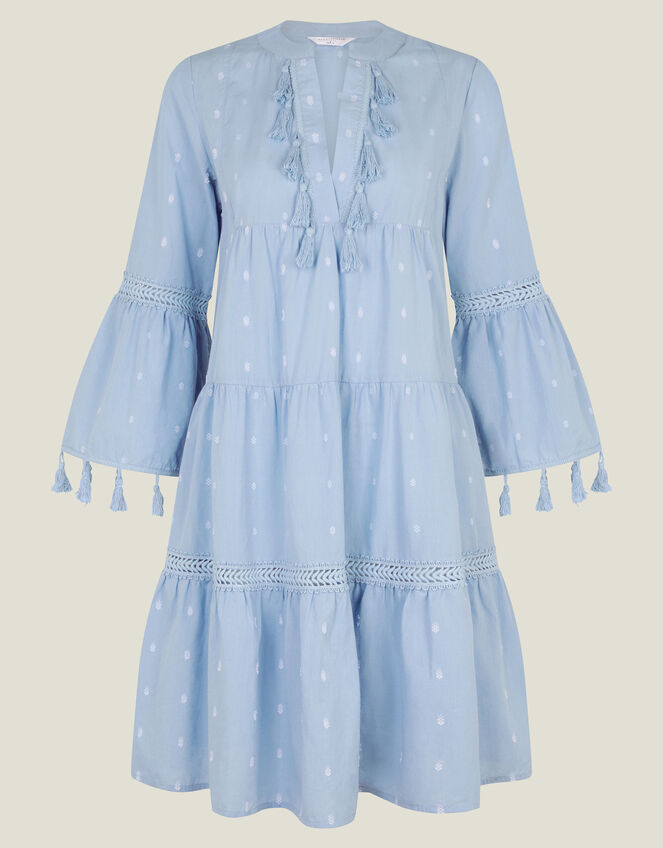 Flute Sleeve Tassel Tiered Mini Dress, Blue (BLUE), large