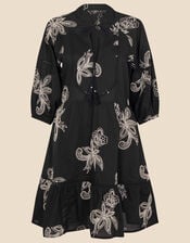 Embroidered Tassel Mini Dress, Black (BLACK WHITE), large