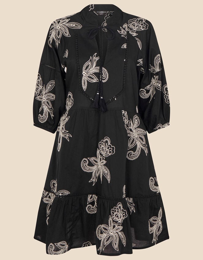 Embroidered Tassel Mini Dress, Black (BLACK WHITE), large