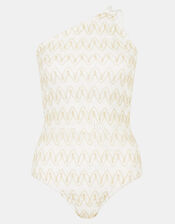 Shimmer Crochet One Shoulder Swimsuit, White (WHITE), large