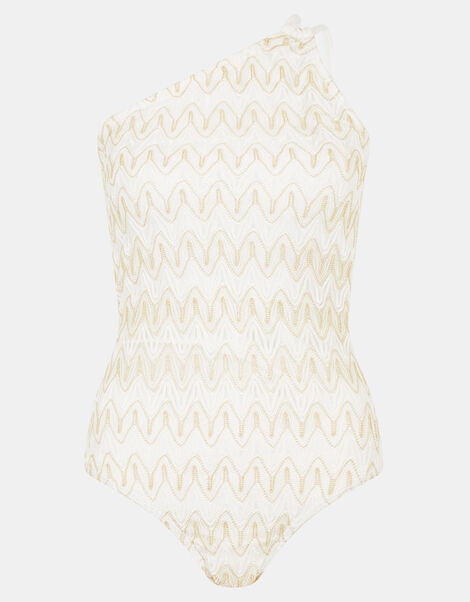 Shimmer Crochet One Shoulder Swimsuit, White (WHITE), large