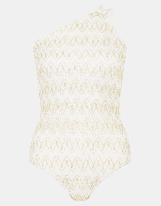 Shimmer Crochet One Shoulder Swimsuit, White (WHITE), large