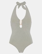 Geometric Textured Halter Neck Swimsuit, Green (KHAKI), large