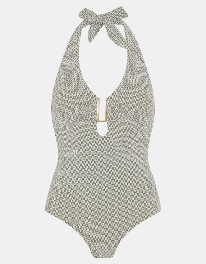 Geometric Textured Halter Neck Swimsuit, Green (KHAKI), large