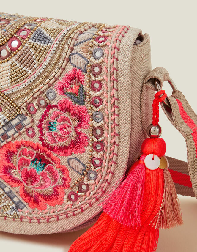 Floral Embroidered Saddle Bag, , large
