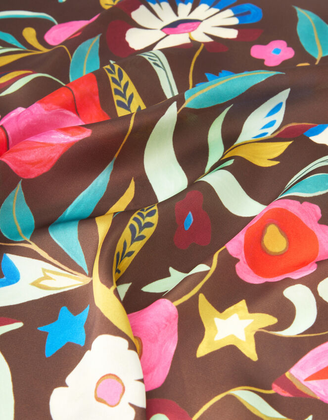 Floral Print Square Satin Scarf, , large