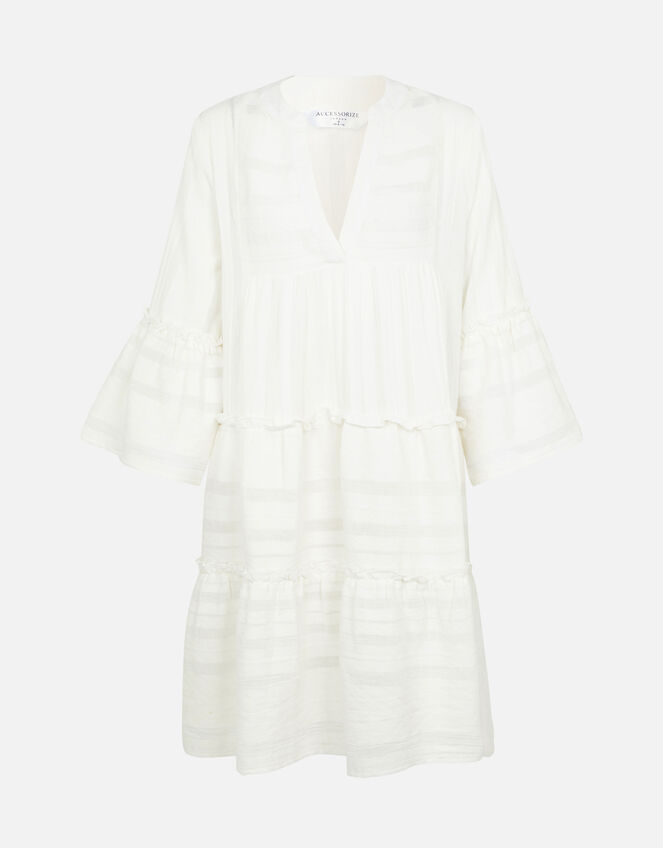 Jacquard Flute Sleeve Dress , White (WHITE), large