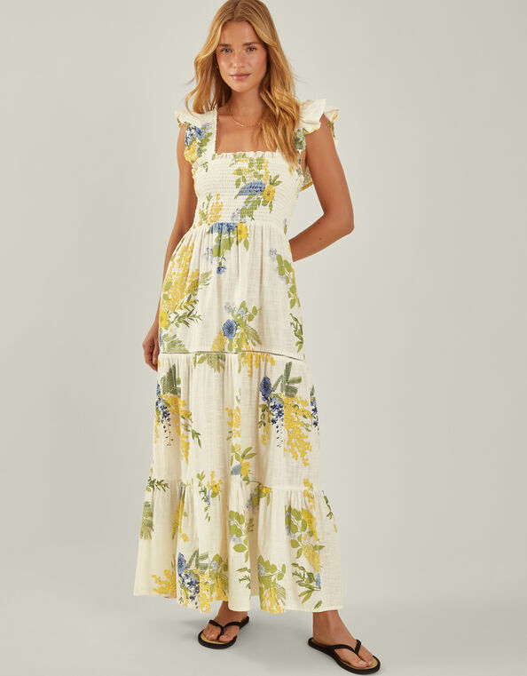 Floral Frill Strap Smocked Maxi Dress, Ivory (IVORY), large