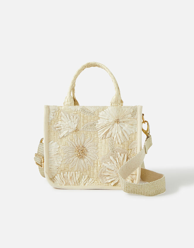 Natural Embroidered Flower Cross-Body Bag, , large