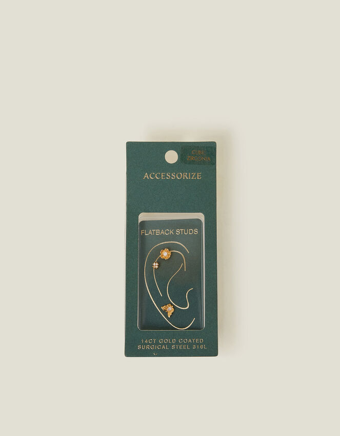 3-Pack 14ct Gold-Plated Flower Flatback Stud Earrings, , large