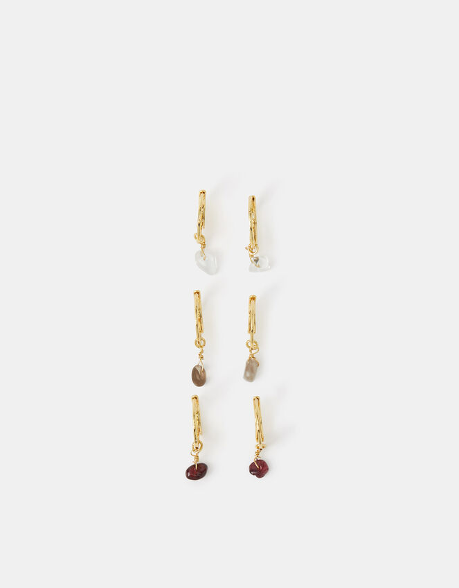 3-Pack 14ct Gold-Plated Semi-Precious Charm Hoop Earrings, , large