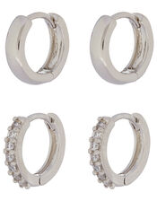 Platinum-Plated Plain and Sparkle Hoop Set, , large
