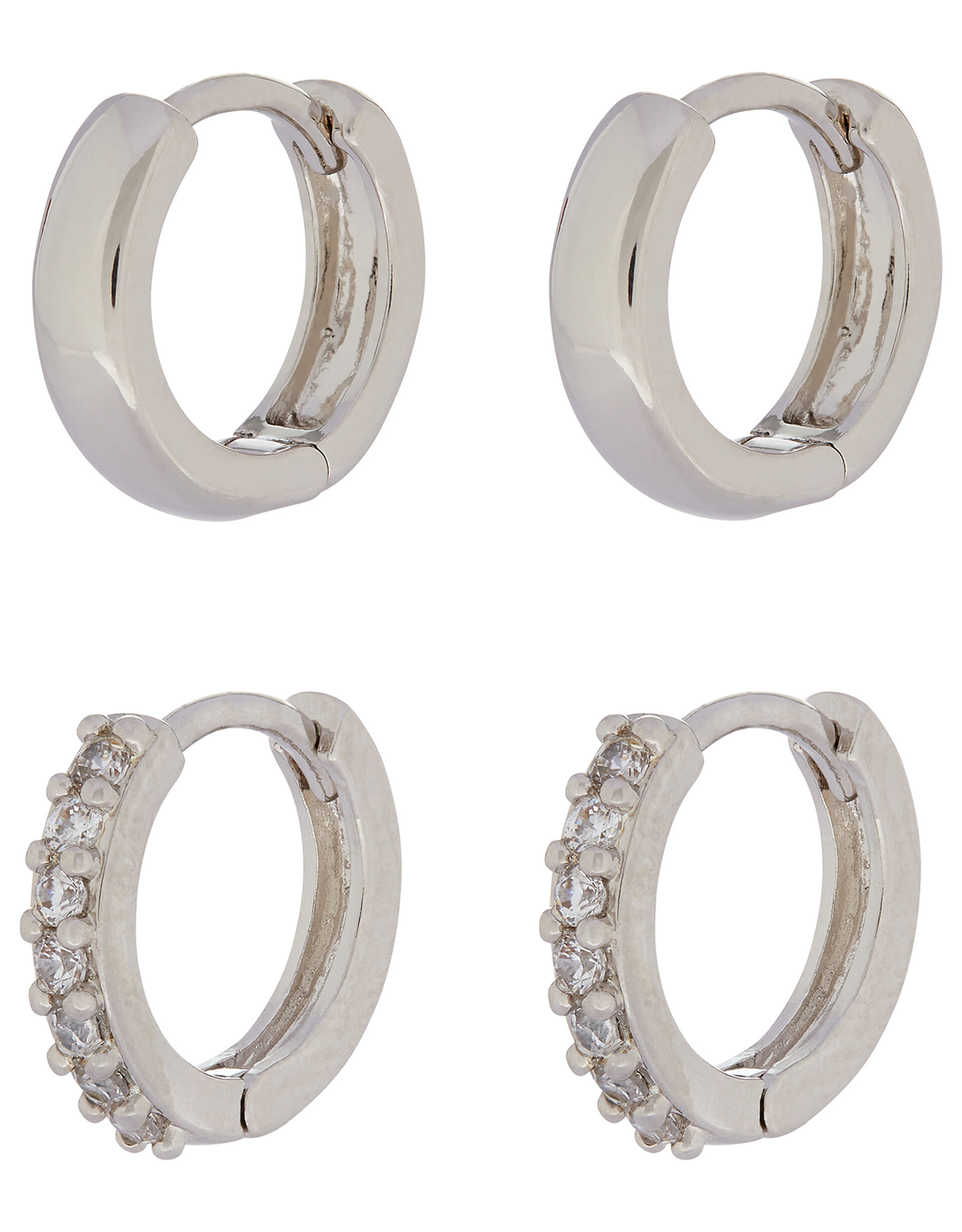 Platinum-Plated Plain and Sparkle Hoop Set, , large