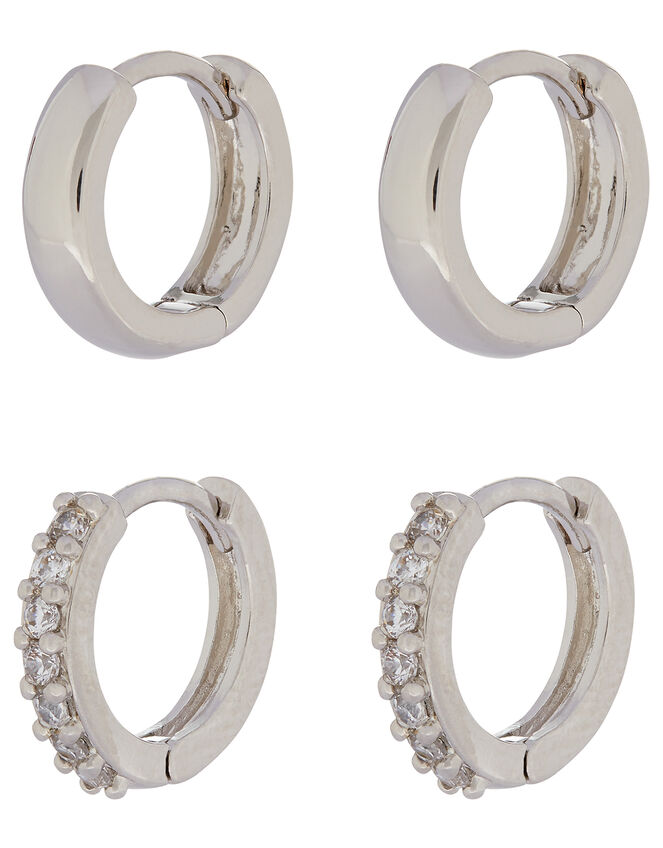 Platinum-Plated Plain and Sparkle Hoop Set, , large
