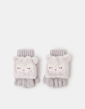 Girls Fluffy Owl Fingerless Gloves with Mittens, Natural (NATURAL), large