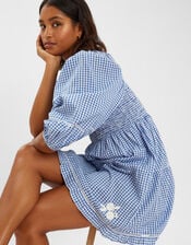 Puff-Sleeve Gingham Mini Dress, Blue (BLUE), large