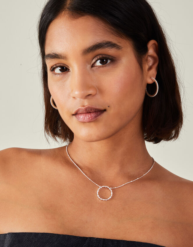 Sterling Silver-Plated Diamante Circle Pendant Necklace, , large