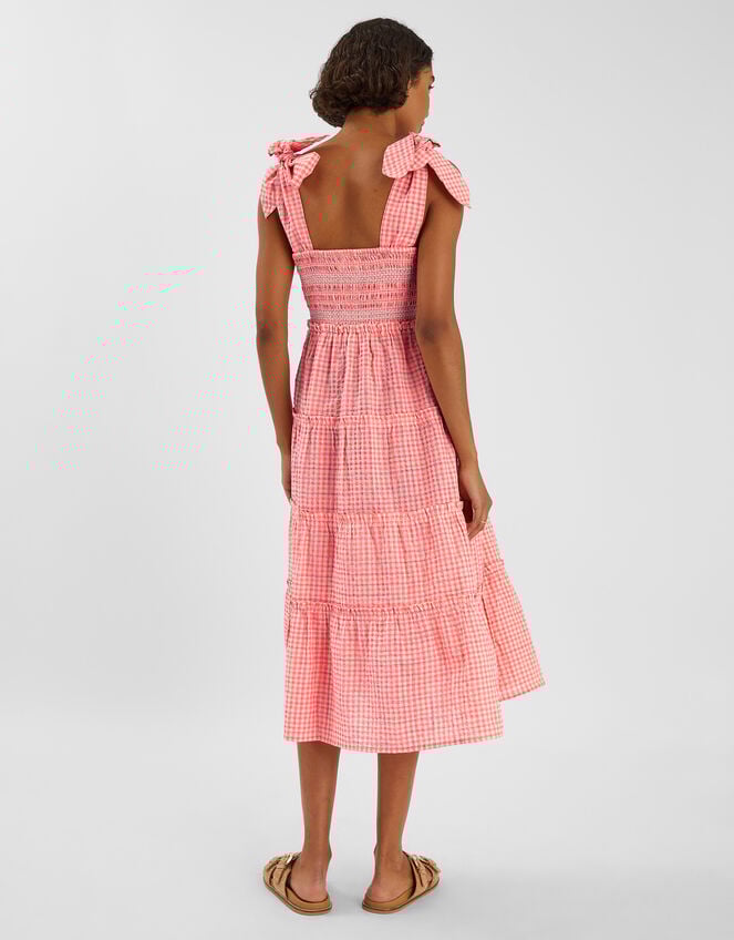 Gingham Smocked Frilly Midi Dress, Orange (CORAL), large