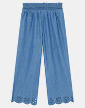Girls Broderie Chambray Trousers, Blue (BLUE), large