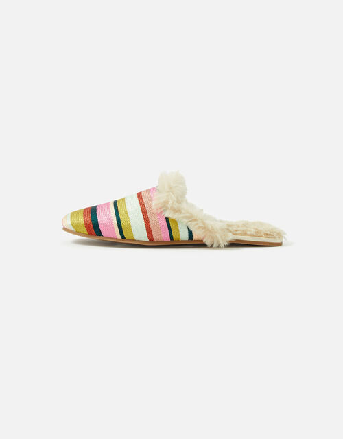Stripe Embroidered Faux Fur Slippers , Multi (BRIGHTS-MULTI), large