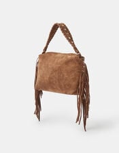 Embroidered Fringe Suede Bag, , large