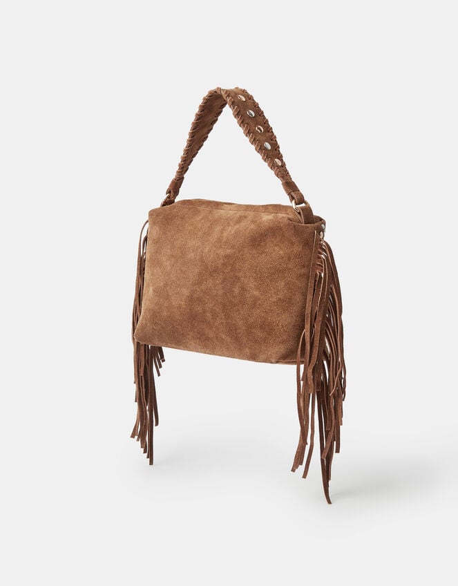 Embroidered Fringe Suede Bag, , large